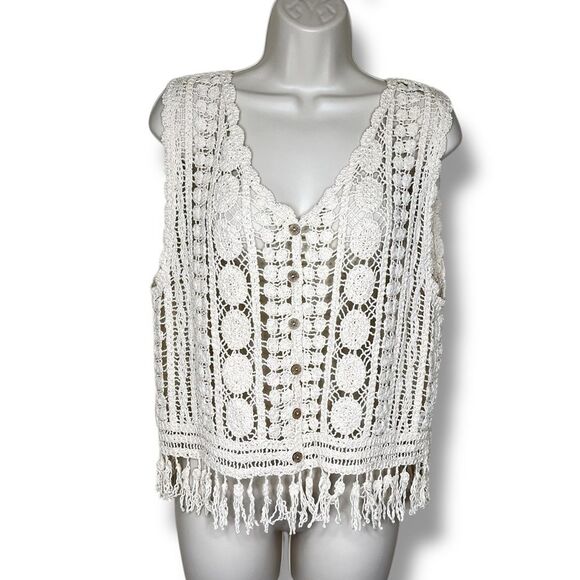 Rebellion Crochet Lace Fringe Button Front Cream Boho Vest Cotton Women Small - Picture 1 of 12